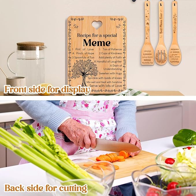 Meme Gifts - "Recipe for a Special Meme" Meme Gifts for Grandma Cutting Board Set, Bamboo-Made Engraved Utensil Set Gifts for Meme Cutting Board, Best Meme Ever Gifts.
