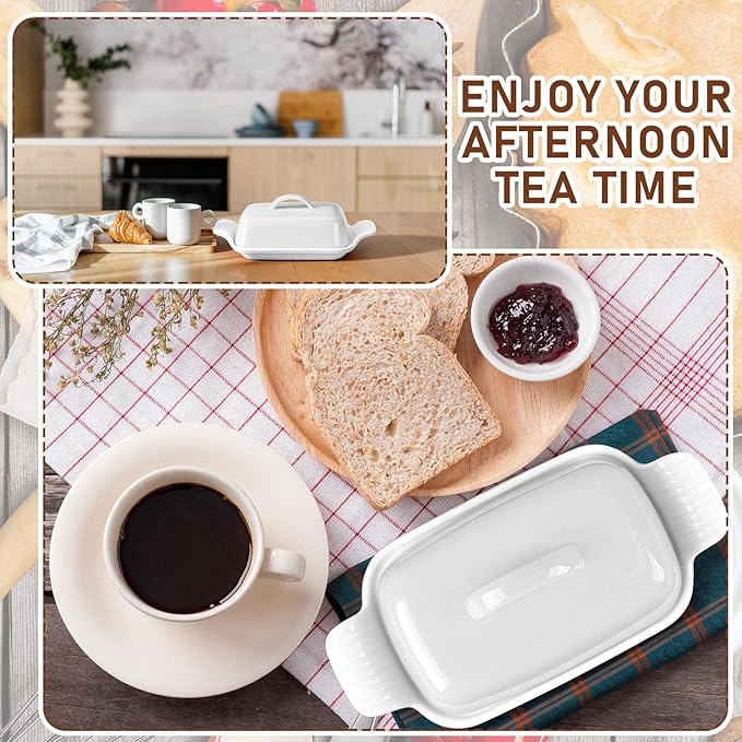Qinyoung Ceramic Butter Dish with Lid for Countertop Extra Large Elegant Butter Dish Tray with Handle Durable Heavyweight Glazed Ceramic Kitchen Container Keeper Non-slip Base Minimalist(White)