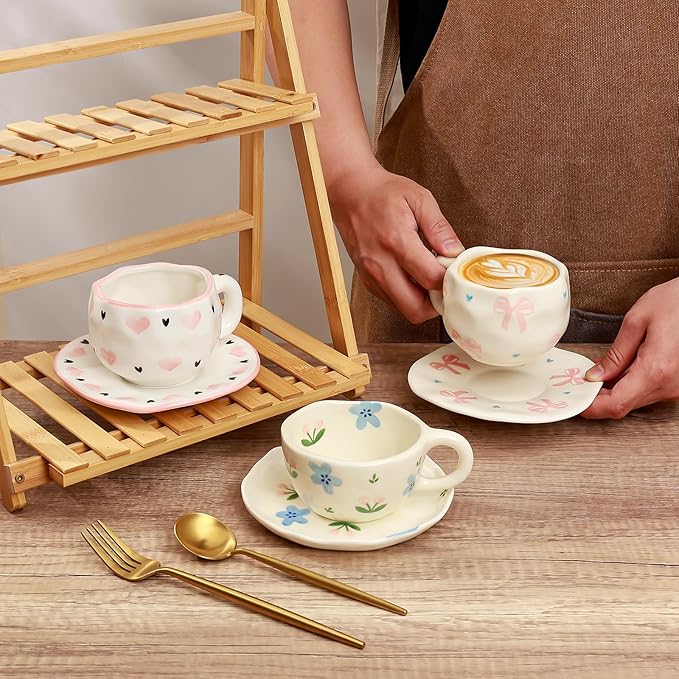 Koythin Ceramic Coffee Mug with Saucer Set, Cute Sweet and Cool Love Cup Unique for Office and Home, 10 oz/300 ml for Latte Tea Milk