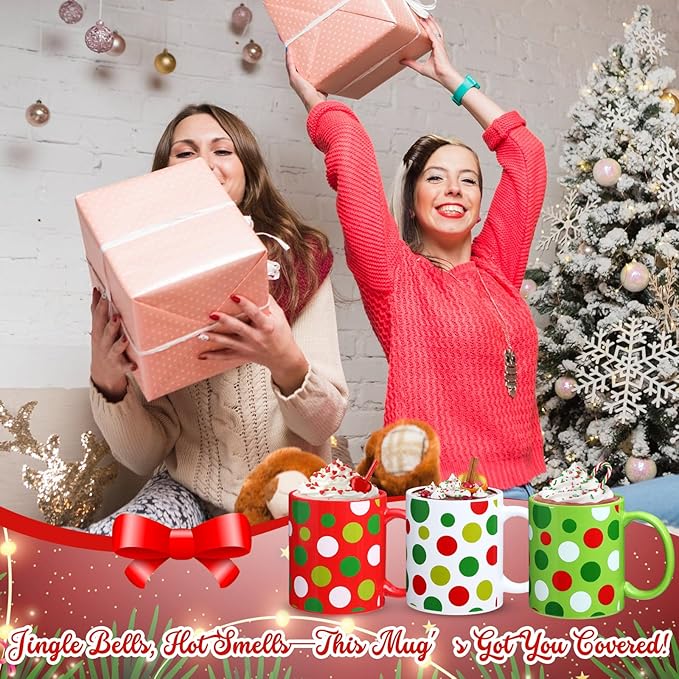 Sliner 3 Set 11 oz Christmas Ceramic Coffee Mugs Red Green Polka Dot Cup Funny Gift Cute Festive Ceramic Tea Cup Xmas Holiday Birthday Gifts for Men Women