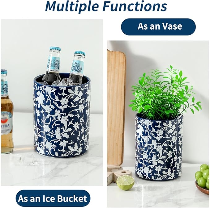 Kitchen Utensil Holder, Large Utensil Holders for Countertop, Blue and White utensil Crock for Tools, Ceramic Spatula Holder Kitchen Decor, Apartment Essentials（7.2in×6.2in）