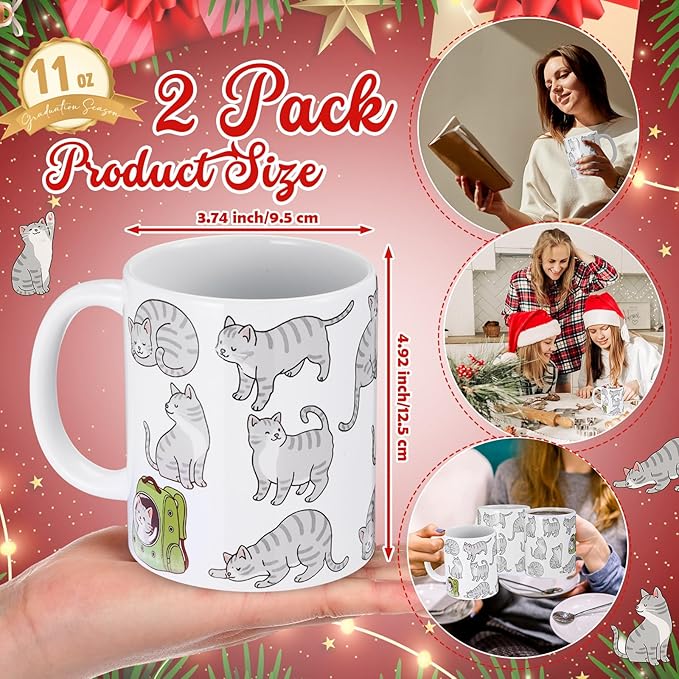 Sliner 2 Set Gray Tabby Cat Coffee Mugs Gifts 11 oz Cat Mom Ceramic Coffee Cups Tea Cup Funny Holiday Birthday Gifts for Men Women Cats Lovers