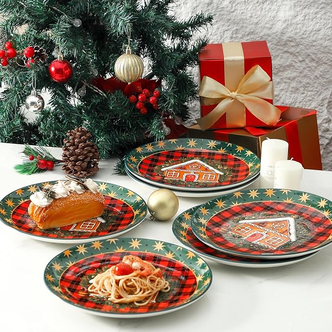 Ceramic Dinner Plates Set of 6,Stoneware 10 Inch,Microwave,Dishwasher and Oven Safe,Porcelain Dessert Plates for Steak,Dishes Set,Valentine's Day and New Year Gift,Christmas