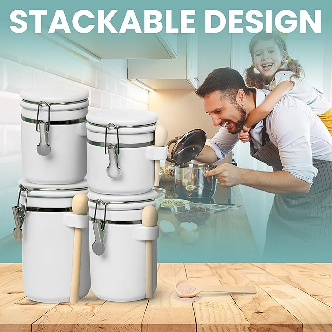Home Intuition 4-Piece Ceramic Kitchen Canisters Set, Airtight Containers with Wooden Spoons Reusable Chalk Labels and Marker for Sugar, Coffee, Flour, Tea (White)