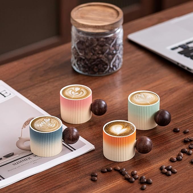 Ceramic Mini Espresso Cups Demitasse Cups with Round Wooden Handle Vertical Stripes Tea Cups (Beige&Pink, 4pcs)