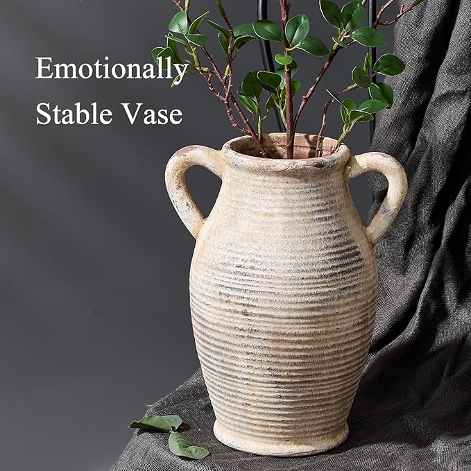 Emotionally Grounded Vase, Vaseking Large Ceramic Rustic Vase with 2 Handles, 9.8 inch Minimalist Decorative Farmhouse Tall Vases for Home Decor, Living Room, Enterway, Table Decoration, Gray