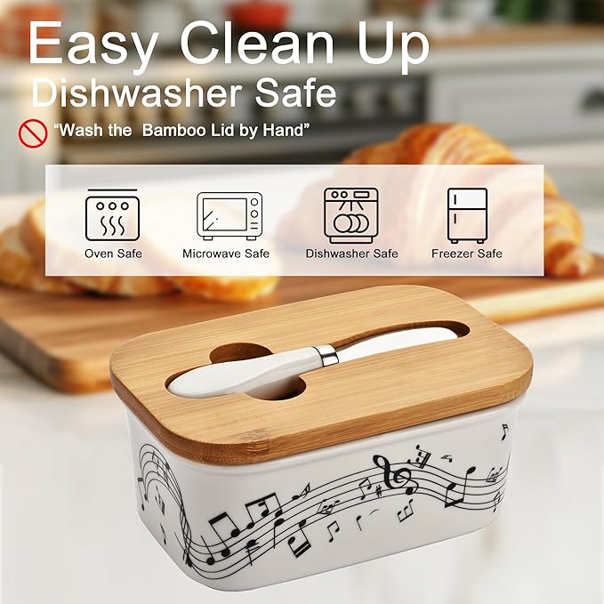 Large Butter Dish with Lid for Countertop,Musical Note Design Ceramic Covered Butter Holder with Knife for Fridge, Airtight Butter Keeper Container Storage for East West Coast Butter,White