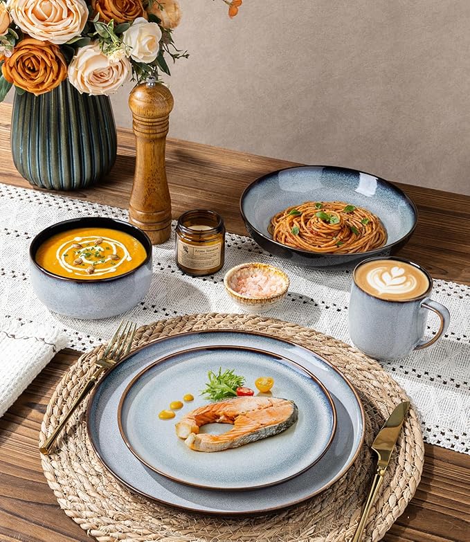 LeRATIO Ceramic Dinnerware Set of 4, Poreclain Plates, Bowls, Handmade Reactive Glaze Dishes, Chip Resistant, Oven & Dishwasher Safe, Service for 4-Gray White