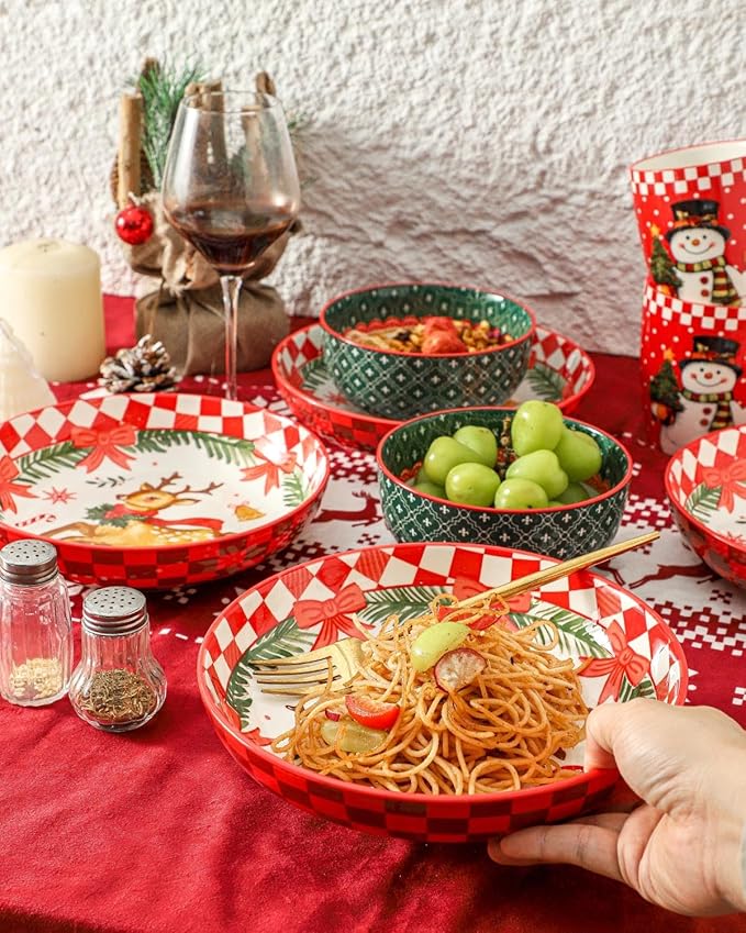 HASENSE Pasta Bowls Set of 4, Holiday Serving Dishes for Entertaining, 38 Ounce Ceramic Bowl Set for Soup, Salad, Snack, 8.8 Inch Dishes for Valentine’s Day Gift, Microwave Dishwasher Safe, Red