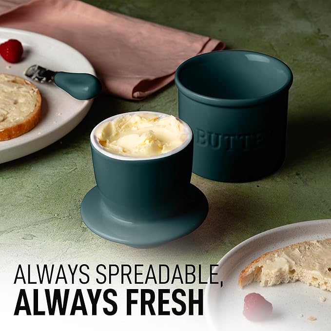 Zulay Kitchen Bell Shaped Butter Crock with Lid for Countertop with Water Line & Spreader Knife, Ceramic French Butter Dish Keeper For Fresh, Soft & Spreadable Butter - Forest Green