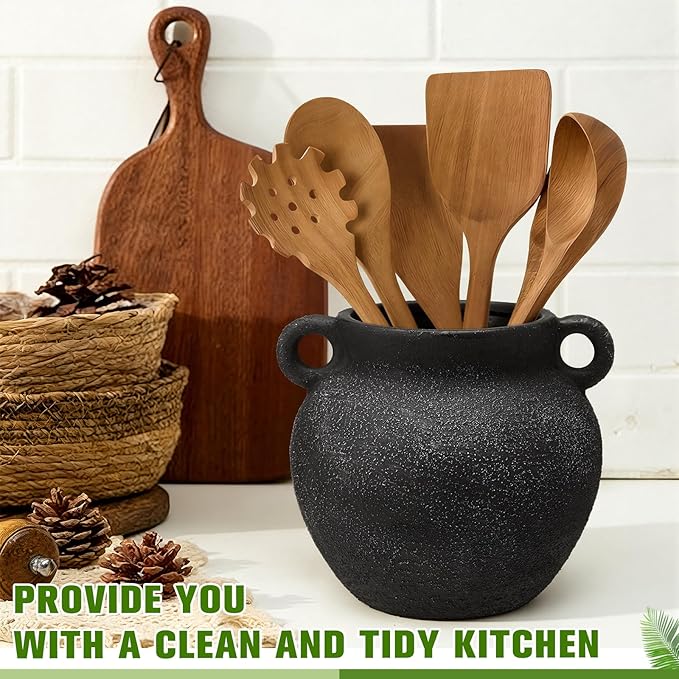 Qinyoung Rustic Kitchen Utensil Holder 6 Inch Small Ceramic Utensil Holder with Handle Vintage Crock Decoration Spatula Organizer for Kitchen Countertop Farmhouse Party Supplies(Black,Elegant)