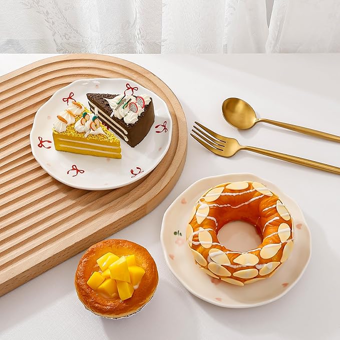 Koythin Ceramic Dessert Plates, Cute Fruits Dinner Plate, Printed Flowers Dinnerware for Office and Home, Kitchen Plates for Desserts (Double Line Bow)