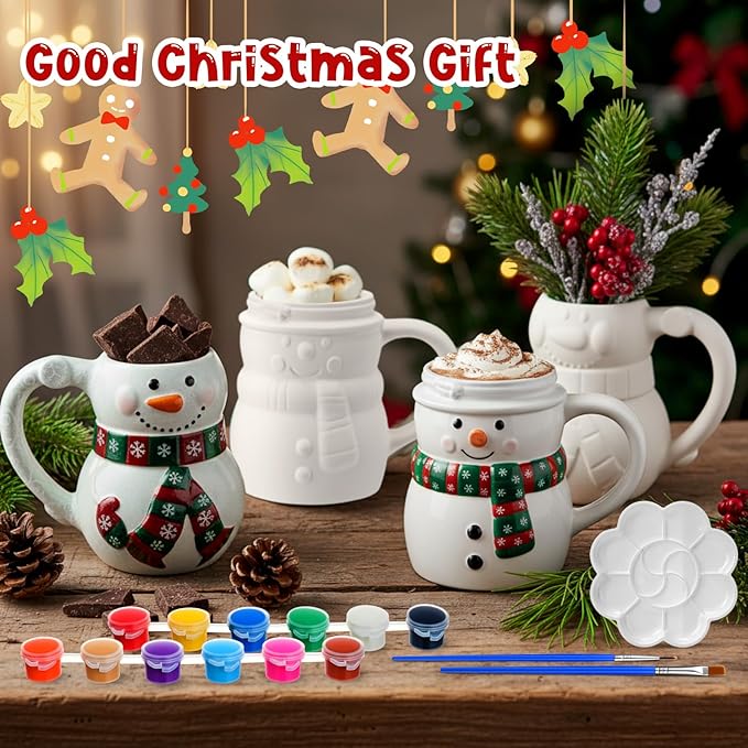 Zubebe 4 Sets Christmas Paint Your Own Mugs Craft Kit, Xmas Ceramic to Paint, Christmas Snowman DIY Mugs for Adults, Festive Coffee Tea Cup with Painting Set for Family Xmas Craft Office Gift