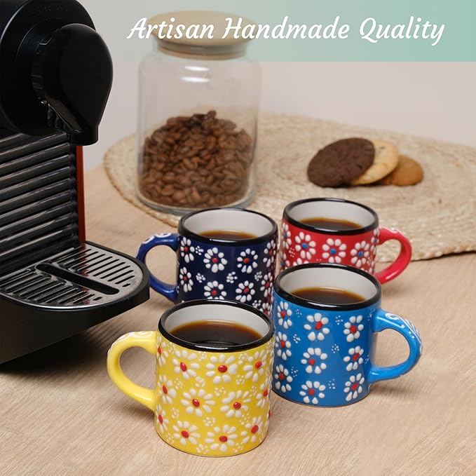 Ceramic Espresso Cups, 5 Oz Espresso Cups Set of 4, Handmade Espresso Cup, 2.75 Inch Espresso Mugs, Multicolor Demitasse Cups, Microwave & Dishwasher Safe Espresso Mugs, Coffe Mug Set (DAISY MEDLEY)