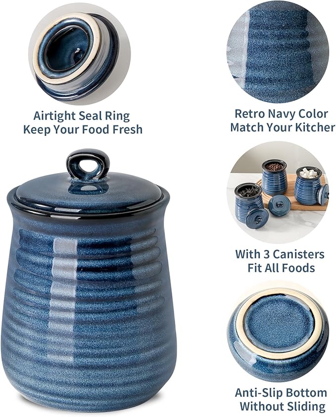 HASENSE Kitchen Canisters Set with Airtight Lid for Countertop, 25 Ounce Ceramic Vintage Food Storage Jars Containers Set of 3 with Cover for Coffee, Sugar, Tea, Spice, Candy and Nut, Navy