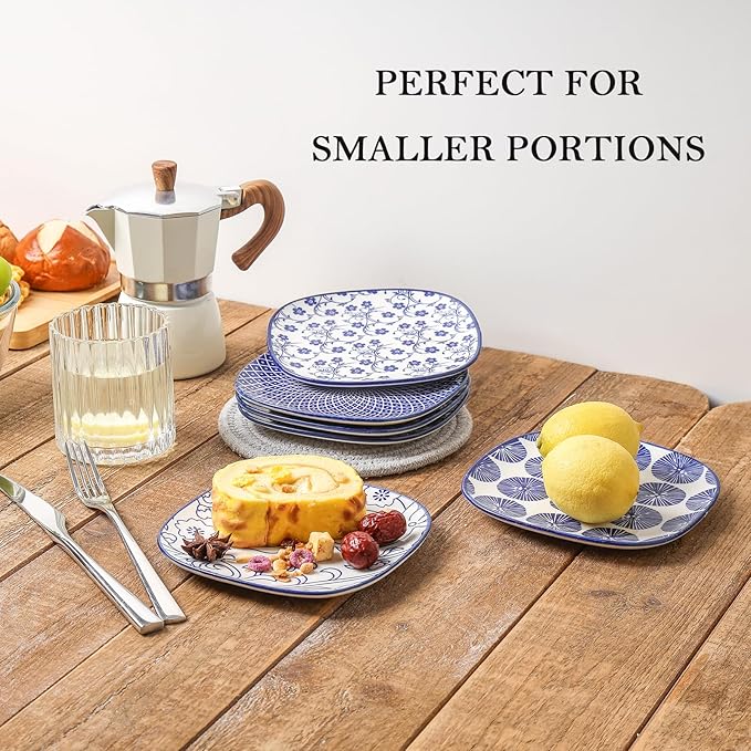 Selamica Porcelain Small Plates - 6 inch Dessert & Appetizer Plates, Microwave & Dishwasher Safe, Set of 6, Vintage Blue