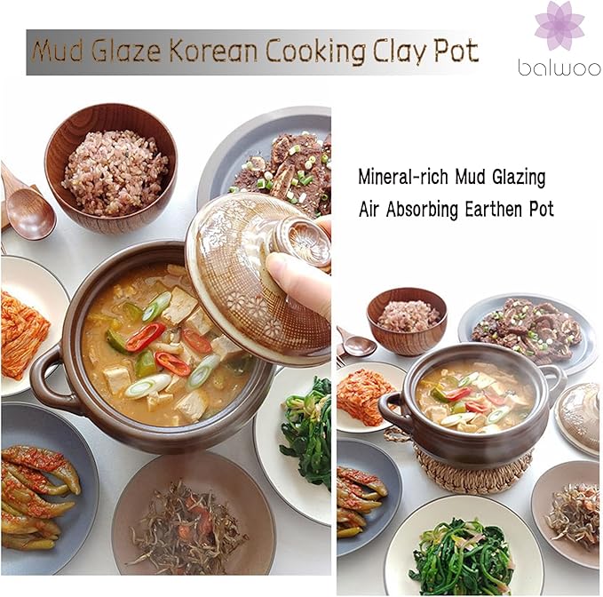 Korean Pot [Buncheong][17oz, 500ml] MUD GLAZE Earthenware Ttukbaegi, Ceramic Clay Cooking Pot Casserole, Heat Resistant Ceramic Pot, Stone Bowl Stockpot Soup Cookware
