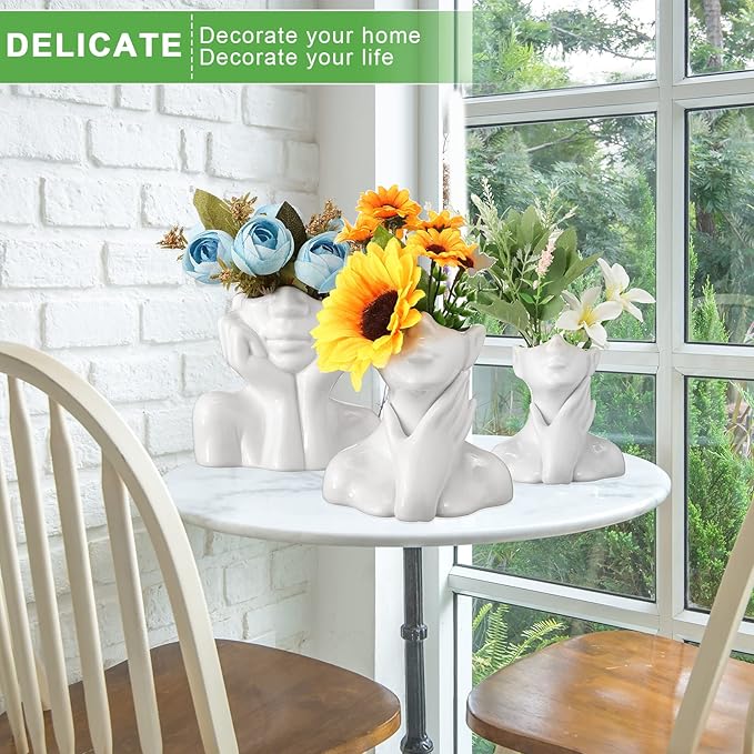 Sieral 3 Pcs Ceramic Face Vase Female Form Flower Modern Body Vase for Decor with Head Half Body Bust Centerpiece for Table Shelf Home Bedroom Room Office(Large,White)