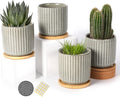 OMAYKEY 4 Inch Ceramic Plant Pot with Saucer, Creative Stripe Grey-Green Small Planters Pots with Drainage Hole and Mesh Pads for Succulent, Cactus, Herbs - Set of 4