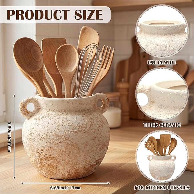 Qinyoung Rustic Kitchen Utensil Holder 6 Inch Small Ceramic Utensil Holder with Handle Vintage Crock Decoration Spatula Organizer for Kitchen Countertop Farmhouse Party Supplies(White,Elegant)