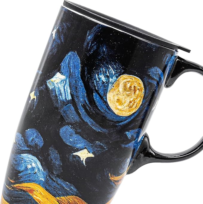 DUSVALLY Ceramic Tall Coffee Mug, Friends Coffee Cup Gift Set, Travel Mug with Lid for Office and Home, Porcelain Mug Unique Gifts for Women and Man, Moon Night, Color Box, 17 oz