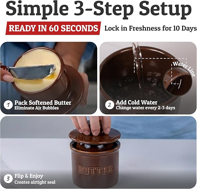 PriorityChef Butter Crock with Lid with Water Line,Ceramic French Butter Dish to Leave On Counter, Chocolate Brown