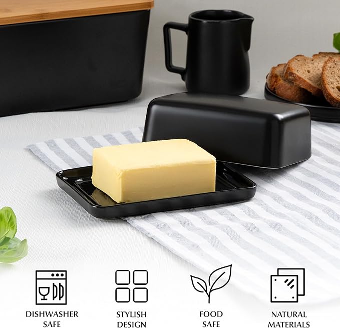 MIAMIO - Ceramic Butter Dish with Lid for Countertop, Holds 2 Sticks of Butter/Butter Holder and Container with Ceramic Lid, Butter Dish for Refrigerator (Black)