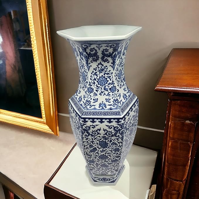 24" Classic Blue and White Hexagonal Lotus Porcelain Vase, Ceramic Vase Jingdezhen, China Qing Style （D8）