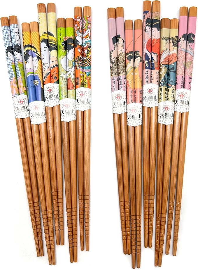 10 Pairs Reusable Bamboo Chopsticks, Edo Period Lady Pattern Natural Bamboo Wood Chopsticks, 8.8Inch/22.5cm Polybag packing by LANHUTHS