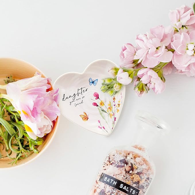 Pavilion Gift Company - Daughter - Ceramic Heart-Shaped Keepsake Dish, Watercolor Floral Design, Unique Daughter Gifts, Trinket Dish, Ring Holder, Jewelry Dish, 1 Count, 4.5-Inches