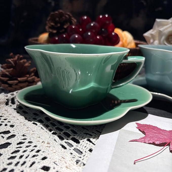 Ceramic Lotus Flower Cup and Saucer Set, Glazed Finish, Tea Cup with Matching Saucer, Green and Teal (Sage green glaze)