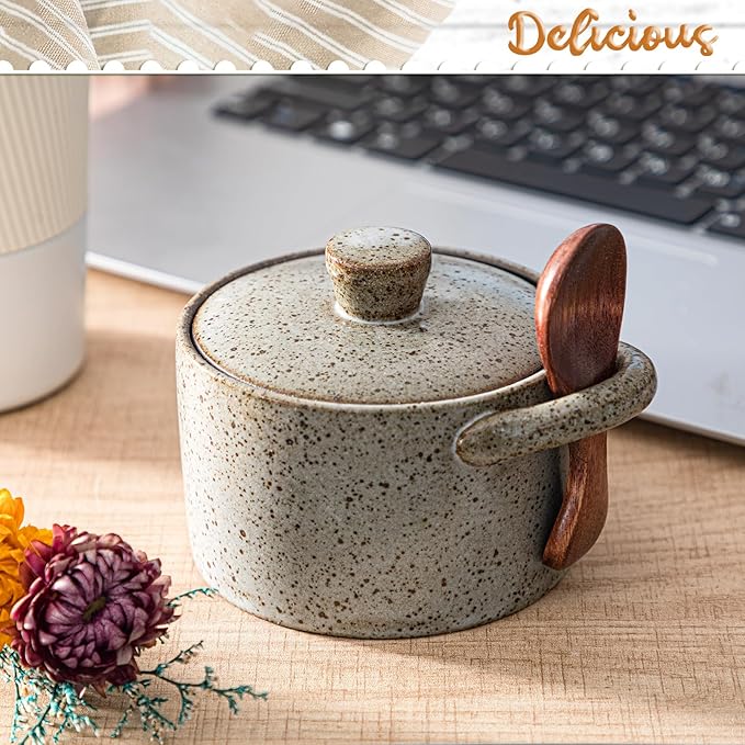 Honeydak Speckled Ceramic Salt Cellar with Lid and Wooden Spoon, Rustic Farmhouse Salt Pepper Cellar Holder for Valentines Day,Housewarming Gift, Heavyweight Spices Jar(Light Gray,1 Set)