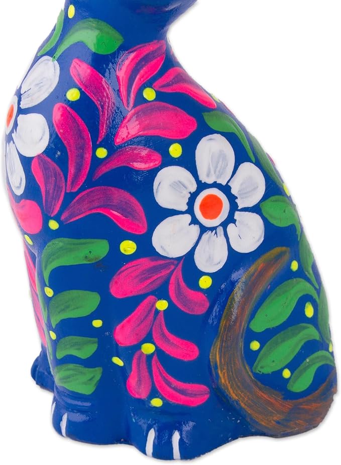 NOVICA Artisan Handcrafted Ceramic Figurine Peruvian Artisan Floral Cat Blue Multicolor Sculpture Painted [3.9in H x 2.2in W x 1.6in D] ' Sweet Cat in Blue'