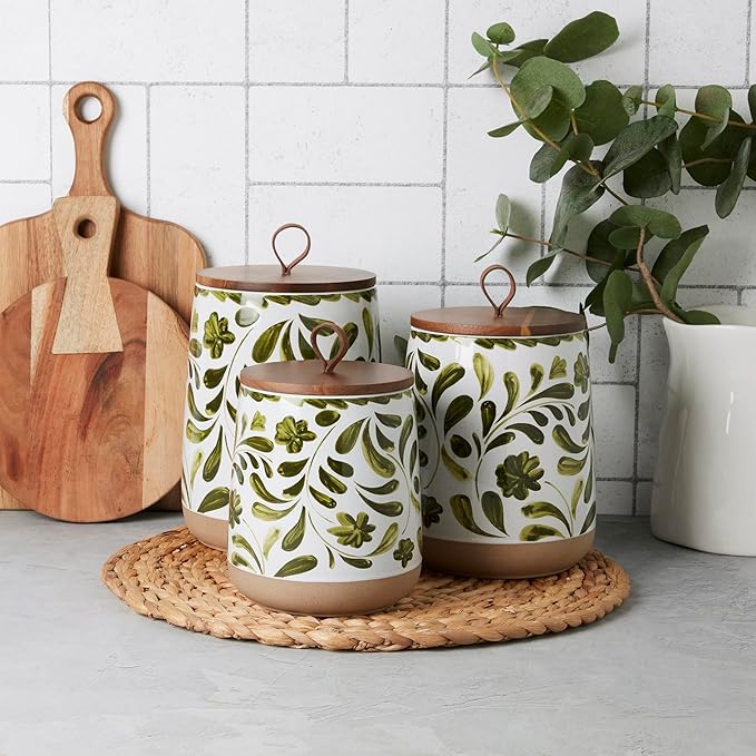 TTU Tabletops Gallery Ceramic Canister Collection- Stoneware Designed Kitchen Storage Acacia Wood White Set, 3 Piece Botanical Green Canister Set