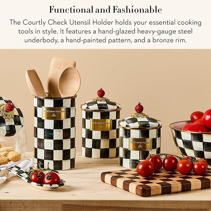 MACKENZIE-CHILDS Enamel Utensil Holder, Kitchen Utensil Holder for Countertop, Storage Caddy, Black-and-White Courtly Check