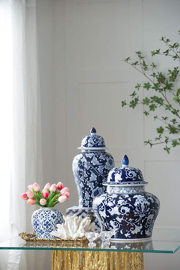 A&B Home 18" Porcelain Decorative Jar with Lid Blue White Floral Print Vase Ginger Jar Centerpiece Decor