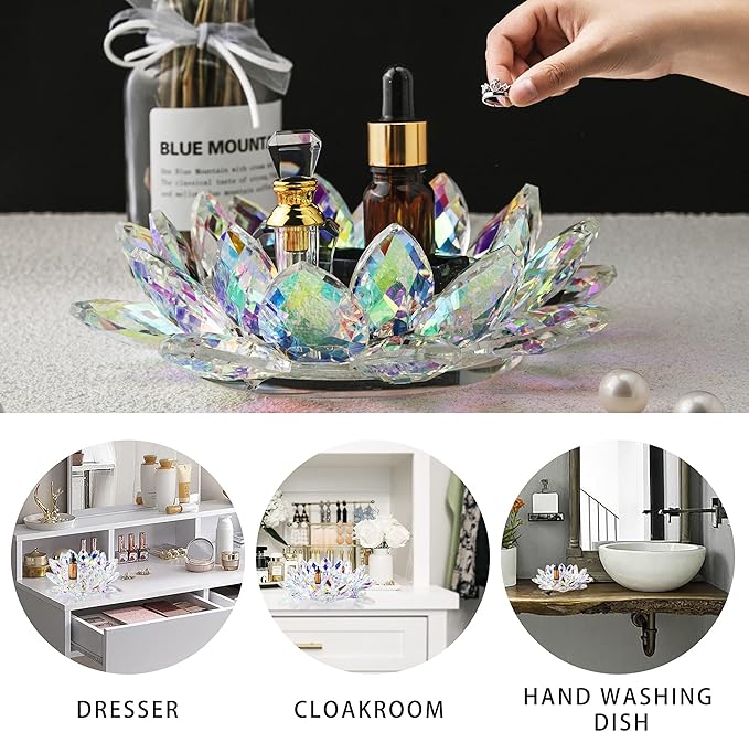 Large Crystal Lotus 7'' Width Candle Holder Tealight Pillar Candle Plate Candlestick, Glass Votive Candle Holder for Christmas Wedding Dinner Table Decor