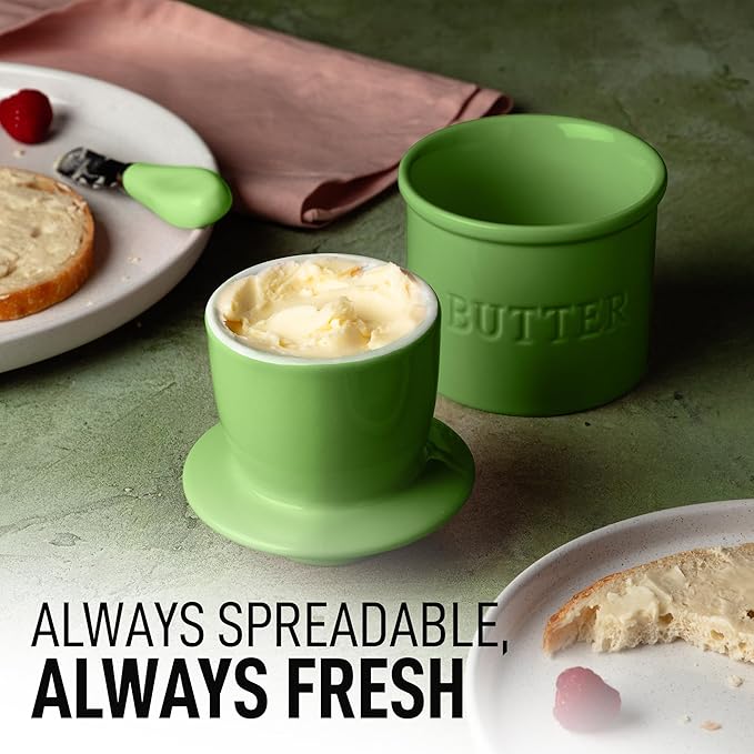 Zulay Kitchen Bell Shaped Butter Crock with Lid for Countertop with Water Line & Spreader Knife, Ceramic French Butter Dish Keeper For Fresh, Soft & Spreadable Butter - Green