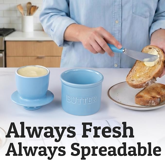 PriorityChef Butter Crock with Lid with Water Line, Ceramic French Butter Dish to Leave On Counter, Light Blue