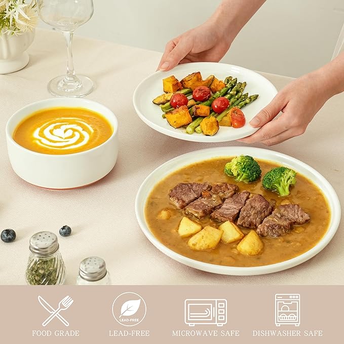 12 Piece Dinnerware Set, Dual Glaze Stoneware Plates and Bowls Sets, Modern Dinner Plate, Salad Plate, Cereal Bowl, Dish Set for 4, Microwave and Dishwasher Safe, Stardust Glaze White