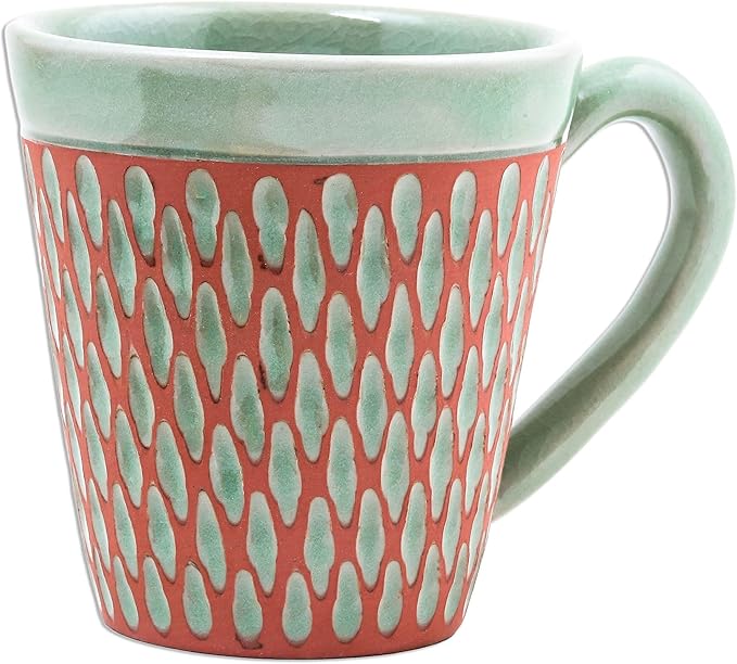 NOVICA Artisan Handcrafted Celadon Ceramic Mug Green Incised Brown Thailand Tableware Dinnerware Mugs Cups [cups 3.9in H x 5.25in W x 3.7in D 10 Oz.] ' Ginger Green Honeycomb'