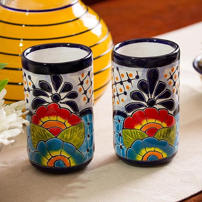 NOVICA Ceramic Tumblers Handpainted Floral from Mexico Multicolor Tableware Drinkware Glasses Juice Water Cocktail Talavera Hacienda [ 4.7in H x 3in Diam. 10 Oz.] 'Raining Flowers'(Pair)