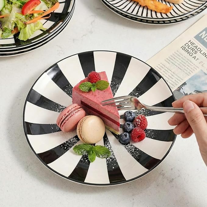 Ceramic Dessert Plates 8 Inch - Salad Appetizer Plate Set of 6 - Modern Japanese Style - Dishwasher and Microwave Safe - Black and White