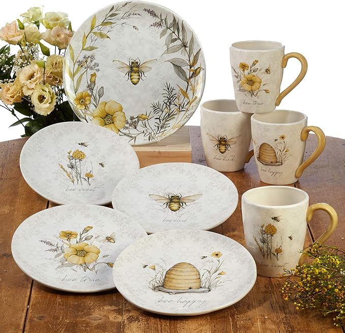Bee Sweet 8.5" Ceramic Salad & Dessert Plates, Set of 4 – Assorted Bee & Floral Designs with Uplifting Sayings, Cottagecore Tableware for Spring, Brunch, and Everyday Dining