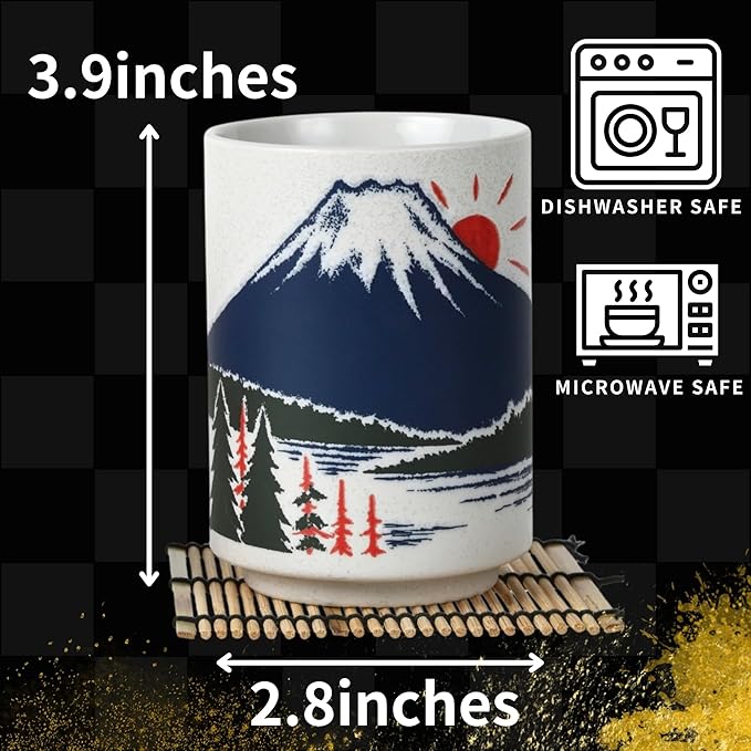 Japanese Tea Cups Sushi-Yunomi Mino Ware With Bamboo Coaster (Set of 2) (Mt. Fuji)