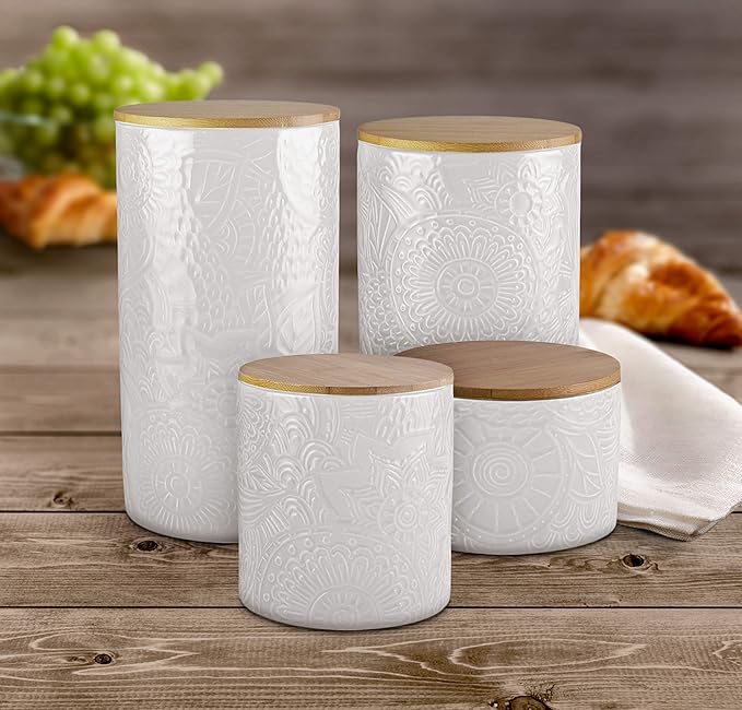 American Atelier Embossed Canister Set 4-Piece Ceramic Set Jar Container with Wooden Lids for Cookies, Candy, Coffee, Flour, Sugar, Rice, Pasta, Cereal & More White