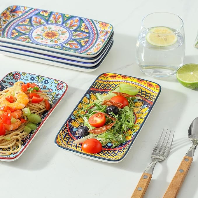 glowworm Porcelain Appetizer Plates Set of 6, 8.5 Inch Salad Plates for Sushi, Dessert, Rectangular Serving Platters, Serving Tray for Party, Kitchen, Microwave & Oven Safe, Bohemian