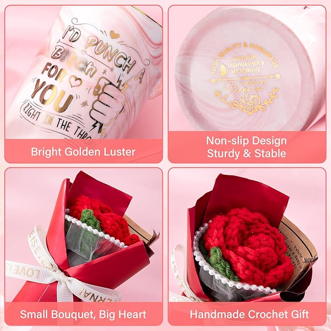 Biching Birthday Gifts for Women, Valentines Day Gifts for Her – 14oz Ceramic Marble Mug with Gold Print and Knitted Bouquet, Funny Gift Set for Mom, Wife, Sister, Bestie, Friendship, Girlfriend