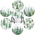 Whaline 6 Pcs Christmas Coasters Cup Mat with Metal Holder Watercolor Cedar Pine Forest Ceramic Drink Coasters for Xmas Winter Holiday Party Home Kitchen Bar Table Decor