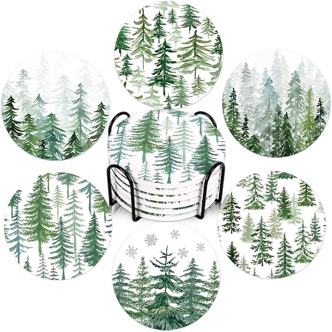Whaline 6 Pcs Christmas Coasters Cup Mat with Metal Holder Watercolor Cedar Pine Forest Ceramic Drink Coasters for Xmas Winter Holiday Party Home Kitchen Bar Table Decor